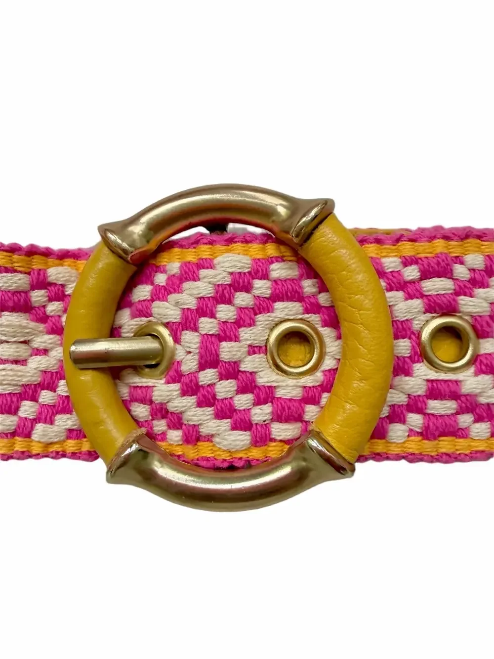 J. McLaughlin Pink White Diamond Pattern Fabric Belt Bamboo Buckle Leather Small